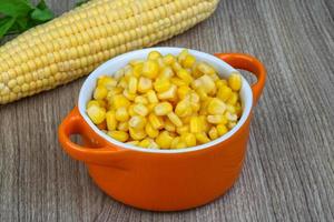 Sweet corn in a bowl on wooden background photo