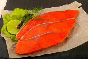 Salted salmon on wooden board and wooden background photo