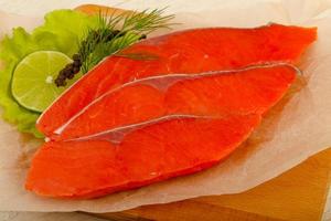 Salted salmon on wooden board and wooden background photo