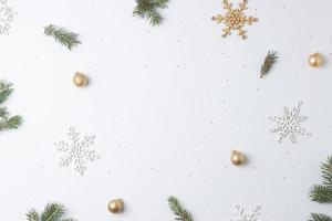 Christmas white minimal background with snowflakes. Flat lay, copy space photo