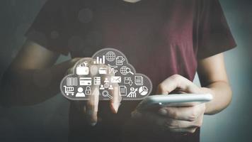 Concept global data connection with internet technology, user using smartphone for online transactions by internet technology, big data, database management, cloud computing, cashless society. photo