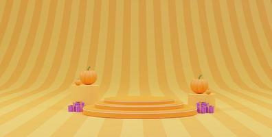 Background 3d render Halloween color with Gift box and Podium. Stage product and gift box Halloween concept. Product background abstract stage geometric shape Halloween concept.The stage for a product photo