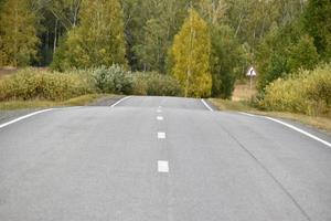 A high-speed asphalt road in autumn and a beautiful forest with a field. Highway in the autumn forest. photo