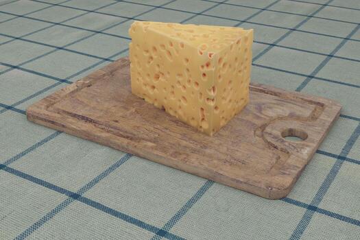 una vieja tabla de cortar y un trozo de queso sobre un mantel de tela a cuadros. foto