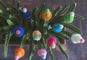 Multicolored woolen decorative hats with pompoms are worn on the stems of a live cactus in a pot at home. Funny and creative. Winter concept. photo