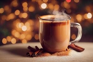 3d rendering steaming hot caramel latte in glass mug on wooden background, cinnamon sticks, christmas vibe