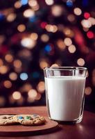 3d illustration of cookies and milk with christmas tree bokeh photo
