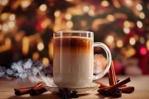 steaming hot caramel latte in glass mug on wooden background, cinnamon sticks, 3d render