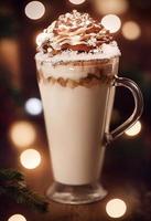 3d rendering of gingerbread latte in glass, whipped cream, side view, christmas ornaments, christmas mood, cinematic lighting. photo