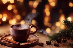 Ilustración 3d latte de caramelo caliente al vapor en una taza de cerámica sobre fondo de madera, palitos de canela, humor navideño foto