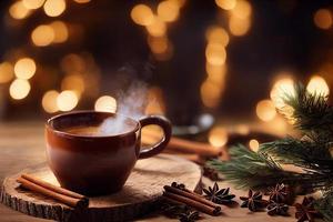 Ilustración 3d humeante café con leche de caramelo caliente en una taza marrón sobre fondo de madera, palitos de canela, estado de ánimo navideño foto