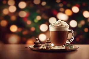 gingerbread latte in glass, whipped cream, side view, christmas ornaments, christmas mood, cinematic lighting, 3d illustration. photo