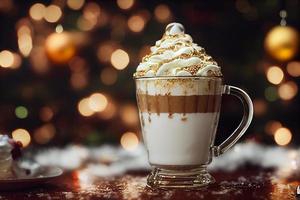Ilustración 3d de café con leche de pan de jengibre en vidrio, crema batida, vista lateral, adornos navideños, estado de ánimo navideño, iluminación cinematográfica. foto
