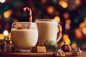 3d illustration of eggnog in glass with gingerbread on wooden background,christmas mood. photo