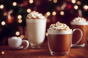 gingerbread latte in glass, whipped cream, side view, christmas ornaments, christmas mood, cinematic lighting, 3d render. photo