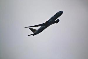 Manchester in the UK in October 2022. A view of a Plane taking off from Manchester Airport photo