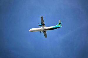 Manchester in the UK in October 2022. A view of a Plane taking off from Manchester Airport photo