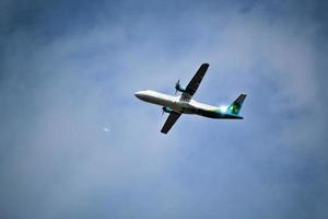 Manchester in the UK in October 2022. A view of a Plane taking off from Manchester Airport photo