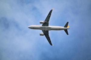 Manchester in the UK in October 2022. A view of a Plane taking off from Manchester Airport photo