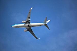 Manchester in the UK in October 2022. A view of a Plane taking off from Manchester Airport photo