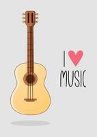 Poster I love music with a acoustic guitar. Vector illustration.