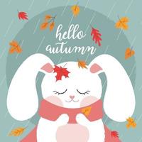 Lettering Hello Autumn. Postcard with a cute rabbit. vector