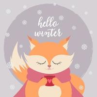 Lettering Hello Winter. Postcard with a cute fox. vector