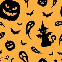 Seamless Halloween Pattern. Black cat, ghosts, pumpkins and bats. vector