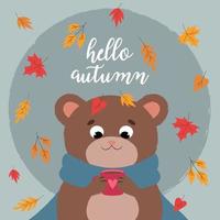 letras hola otoño. postal con un lindo oso. vector