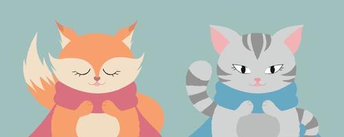 Cute two animals. Fox and Cat. vector