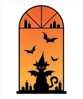 Halloween window. Black cat in a hat sits on a window with bats and candles. Vector, flat style. vector