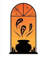 Halloween window. Three ghosts fly out of the magic cauldron. The spiders are crawling down. Vector, flat style. vector