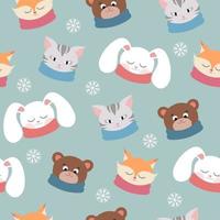 Seamless pattern with animals in scarves. Soft style. Cute animals. Rabbit, fox, cat and bear. Snowfall. vector