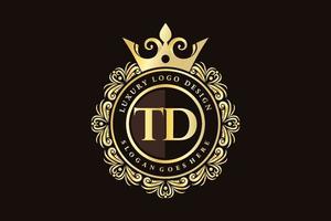 TD Initial Letter Gold calligraphic feminine floral hand drawn heraldic monogram antique vintage style luxury logo design Premium Vector