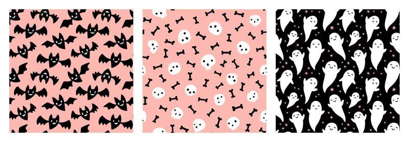 Black and white bats, skulls, bones, ghosts and stars Halloween pattern set on pastel pink and black backgrounds.