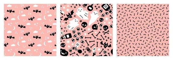 Pastel pink Halloween ghosts, bats, skulls, bones, potion bottles, spiders, stars, clouds and moon seamless patterns. vector