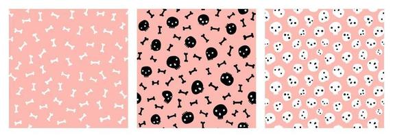 Pastel pink cute skulls and bones seamless Halloween pattern set vector