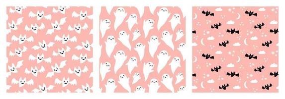 Cute black and white bats and ghosts Halloween seamless pattern set on pastel pink background. vector