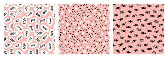 Pastel Halloween pattern set with black and white skulls, bones, spiders and speech bubbles on pink background. vector