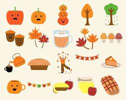 Fall seasons autumn icon set. Pumpkin, falling leaves, pie, cake pumpkin spice latte, maple leaves, scarf and others. vector