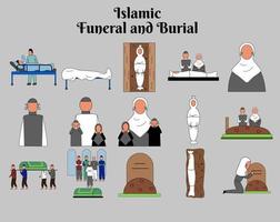 Islamic funeral and burial icon set. Vector collection of funeral activities