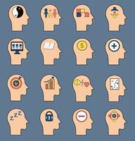 Set of human mindsets icon and illustration.  Vector of positive, negative, solution provider, growth, lazy, strategic, workaholic, goal mindset and others