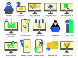 conjunto de iconos de delitos cibernéticos estilo de ilustración plana vector