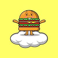 lindo personaje de hamburguesa de dibujos animados de pie en la nube vector