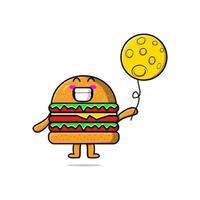 Cute cartoon Burger floating with moon balloon vector