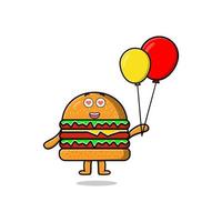 hamburguesa de dibujos animados lindo flotando con globo vector