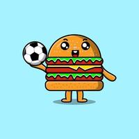 lindo personaje de hamburguesa de dibujos animados jugando al fútbol vector