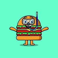 buzo de hamburguesa de dibujos animados lindo con vaso de natación vector