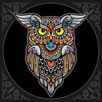 Colorful owl bird mandala arts isolated on black background vector