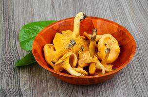 Chanterelle in a bowl on wooden background photo